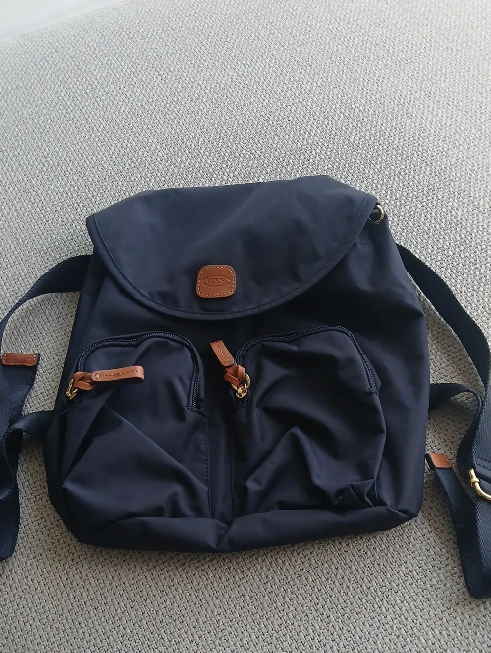 Brics Navy Nylon Backpack with Brown Leather Trim .
